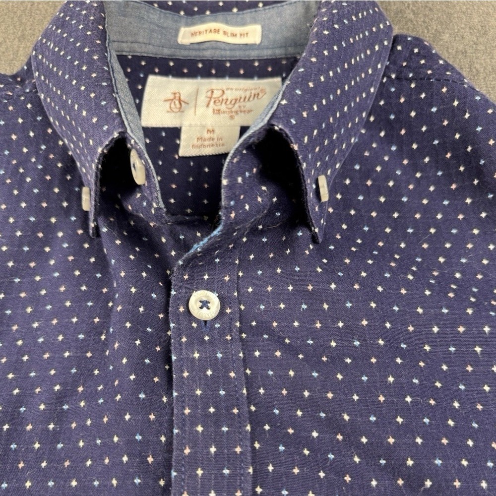 Original Penguin Heritage Slim Fit Mens  Blue Micro Cross‎ Button Down Shirt M